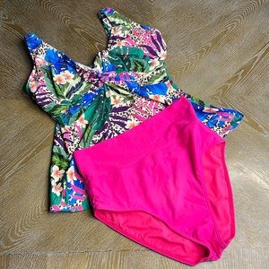SUNSETS Tropical Wired Tankini + Pink Swim Bottom Set 38E & L